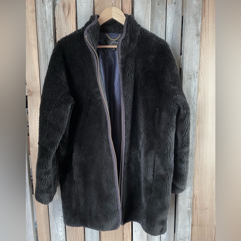 J.Crew Black Faux Fur Jacket with Brass Zippers Sz M